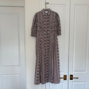 Printed Button-Front Maxi Dress in Brown and White
